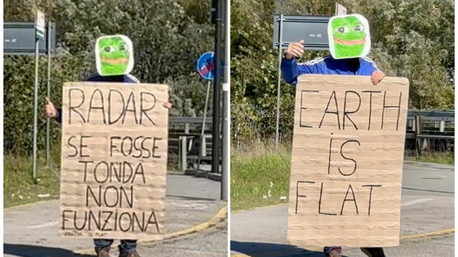 Domodossola, torna il paladino della Terra piatta con cartello alla rotonda
